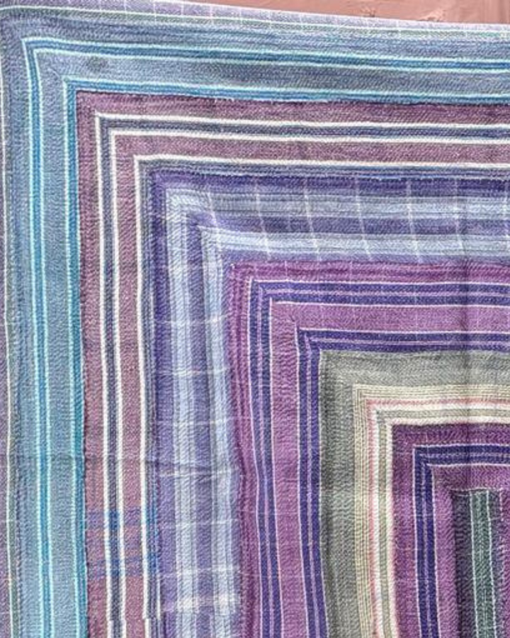 Vintage Hand-Embroidered Kantha Throw – Indigo & Ochre Motif Sari Quilt