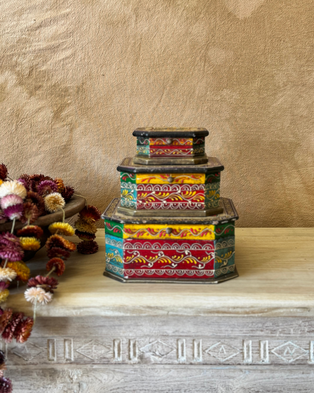 Hand-Painted Mango Wood Jewellery Box Set – Set of 3 with Floral Indian Design
