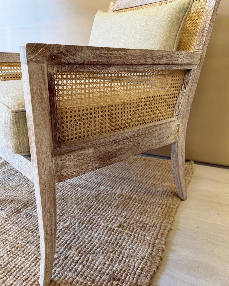 Rattan &amp; Acacia Wood Armchair with Linen Upholstery – Natural Finish