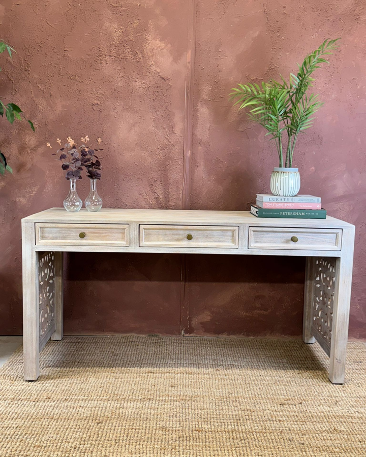 3-Drawer Hand-Carved Desk in Whitewash Finish