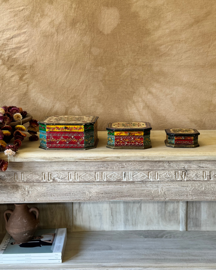 Hand-Painted Mango Wood Jewellery Box Set – Set of 3 with Floral Indian Design