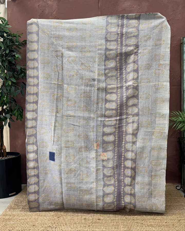 Vintage Hand-Embroidered Kantha Throw – Indigo & Ochre Motif Sari Quilt