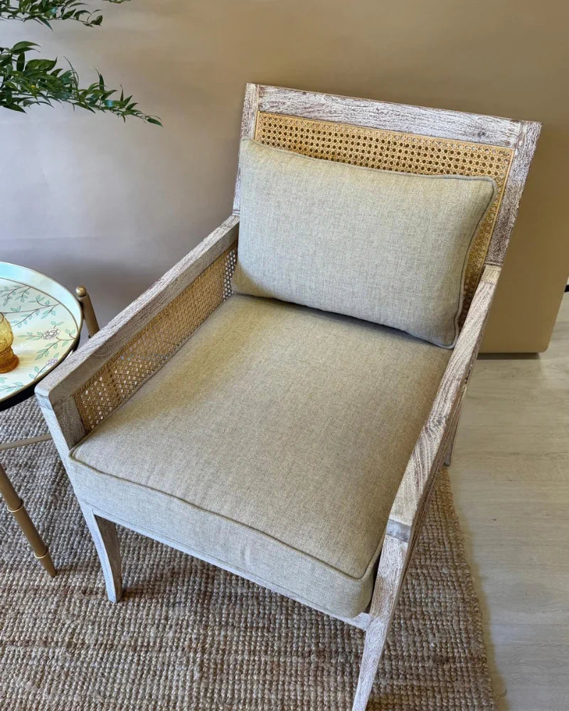 Rattan &amp; Acacia Wood Armchair with Linen Upholstery – Natural Finish