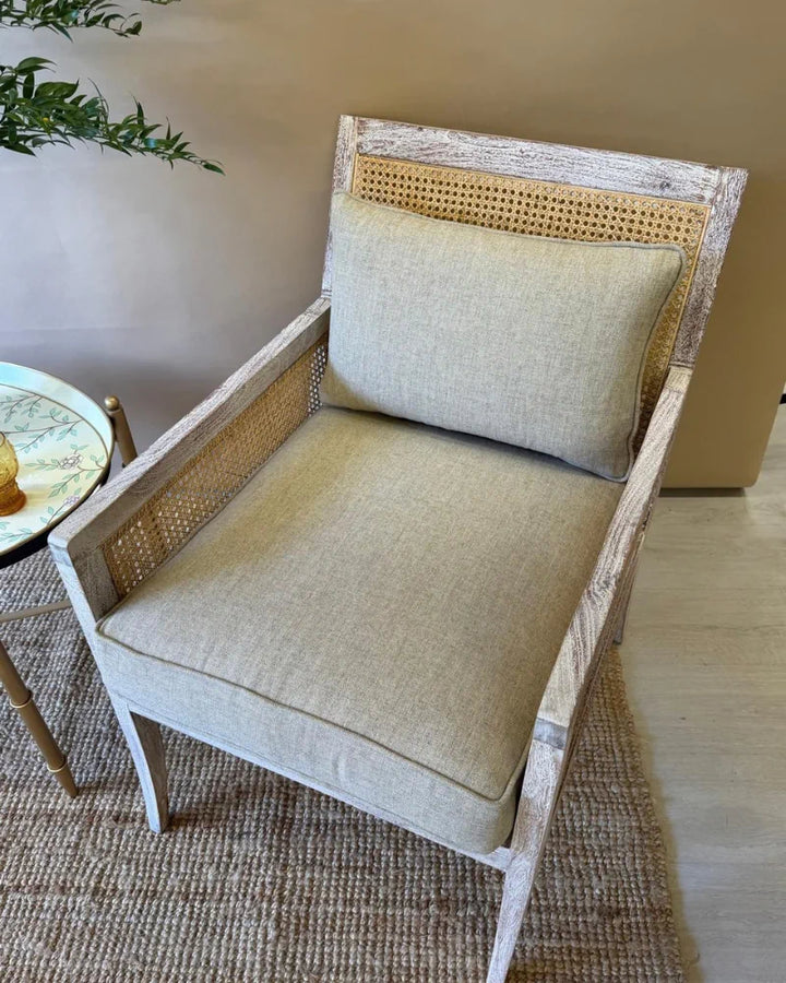 Rattan &amp; Acacia Wood Armchair with Linen Upholstery – Natural Finish