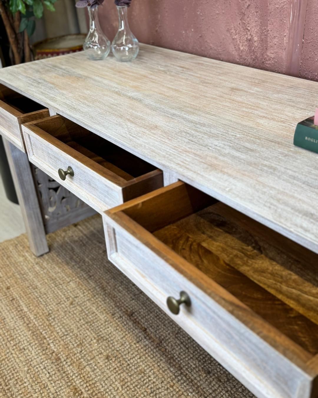 3-Drawer Hand-Carved Desk in Whitewash Finish