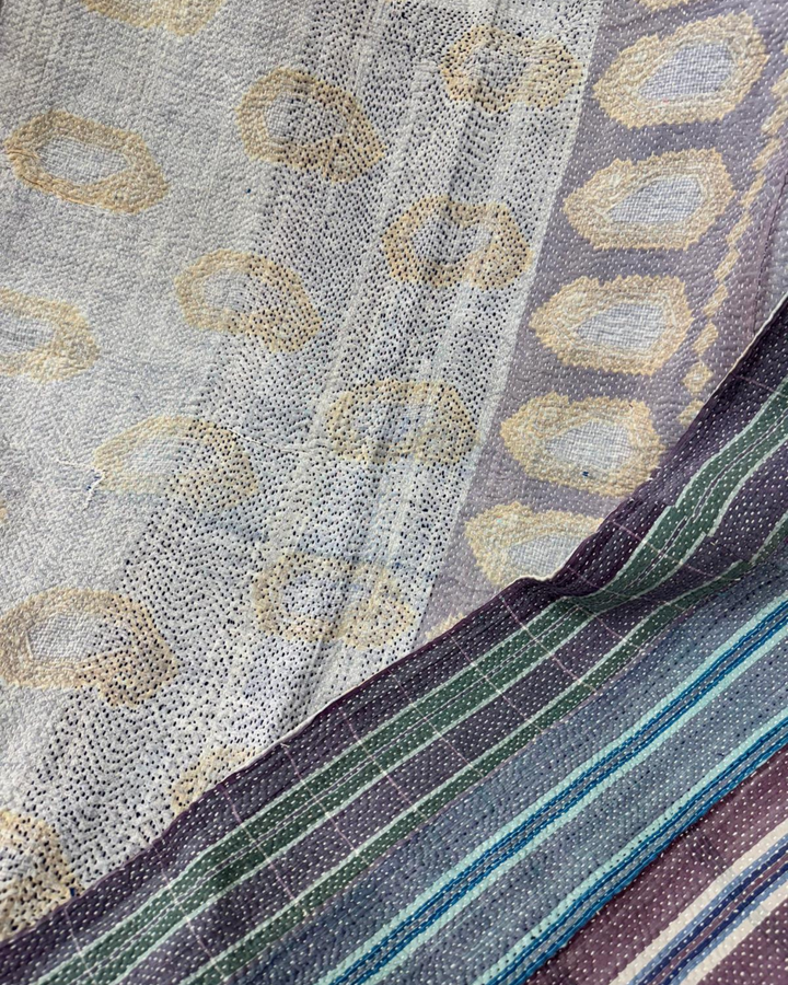 Vintage Hand-Embroidered Kantha Throw – Indigo & Ochre Motif Sari Quilt