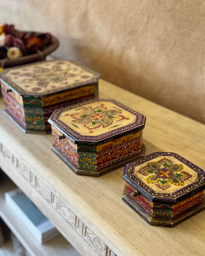 Hand-Painted Mango Wood Jewellery Box Set – Set of 3 with Floral Indian Design
