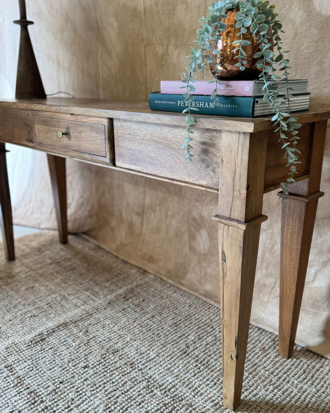 Mango Wood Console Table – Polished Natural Finish with Drawer