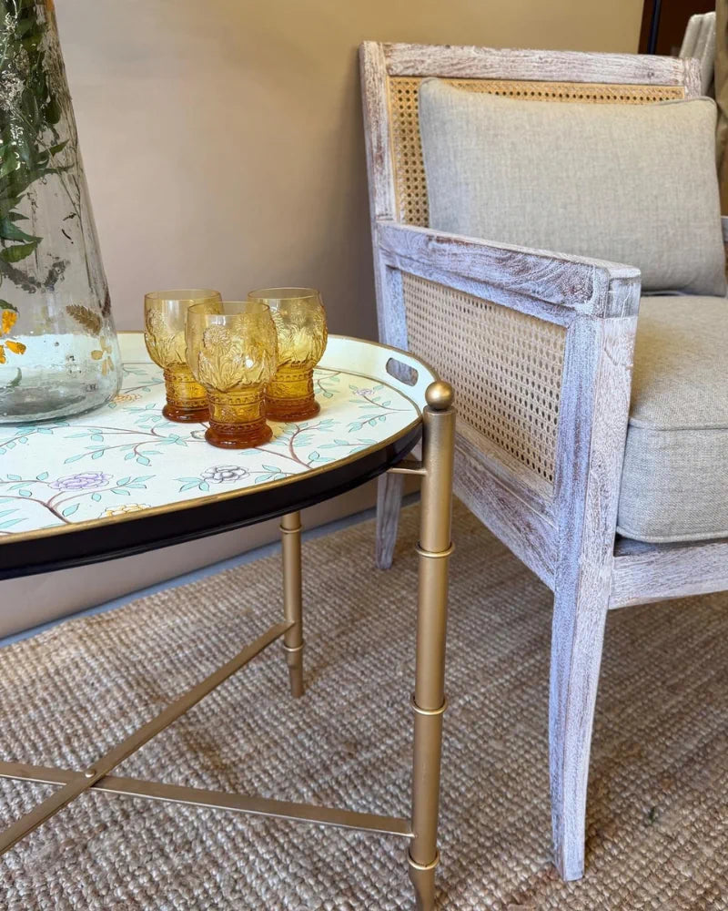 Rattan &amp; Acacia Wood Armchair with Linen Upholstery – Natural Finish