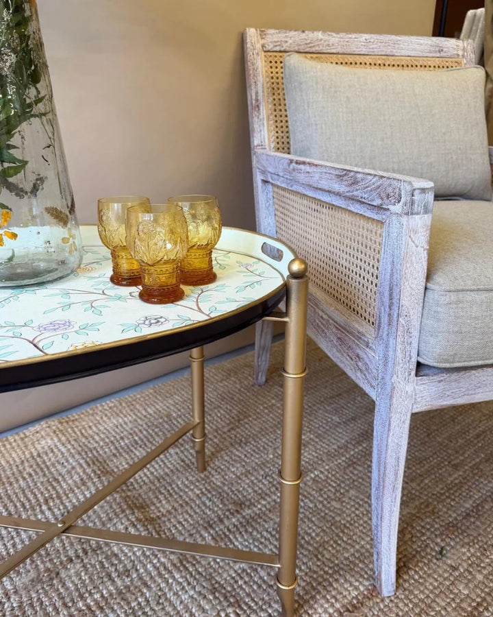 Rattan &amp; Acacia Wood Armchair with Linen Upholstery – Natural Finish