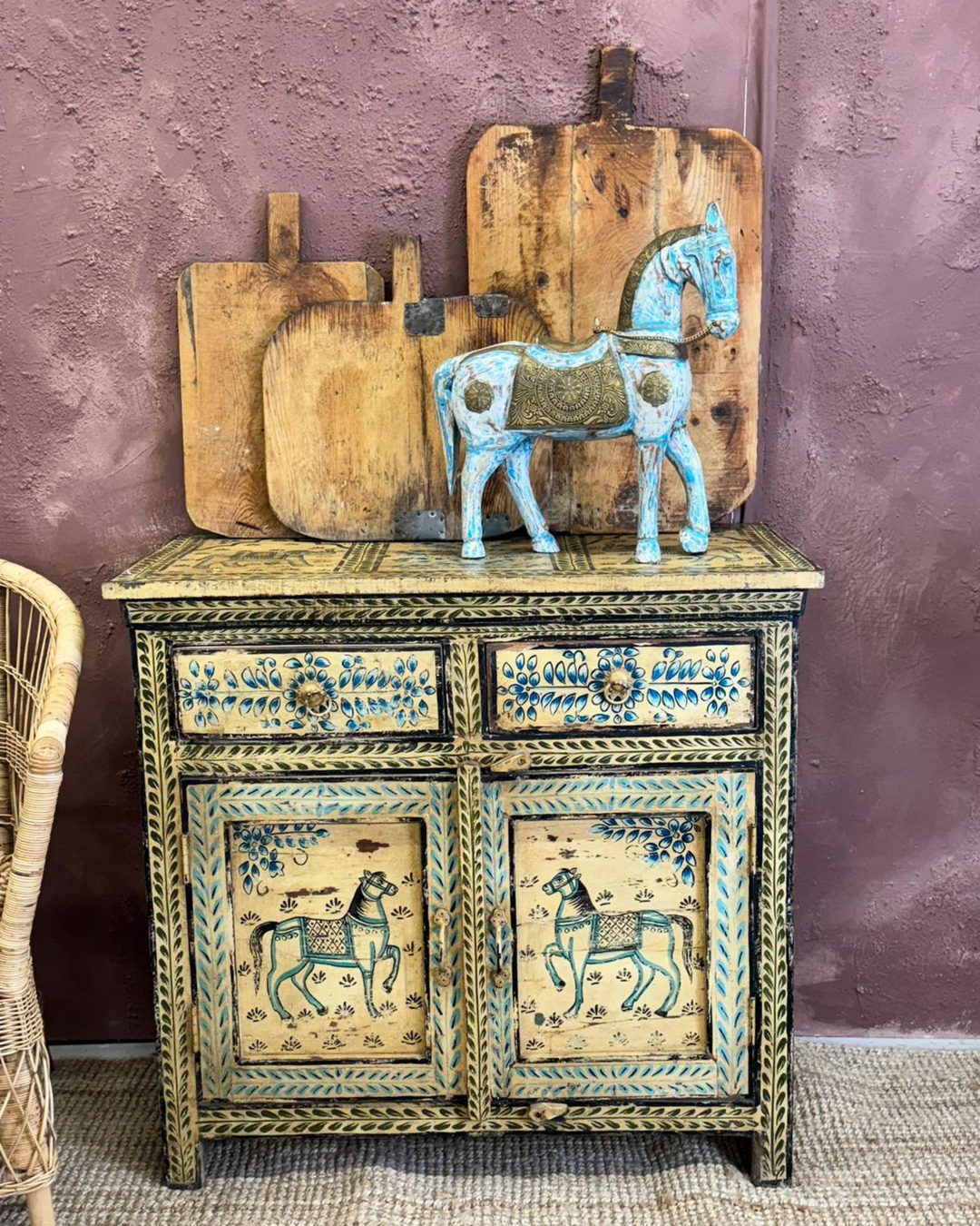 Blue Hand-Painted & Hand-Carved Mango Wood Horse with Brass Detailing