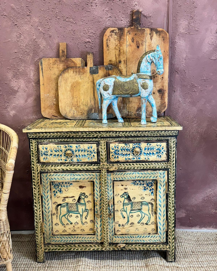 Blue Hand-Painted & Hand-Carved Mango Wood Horse with Brass Detailing