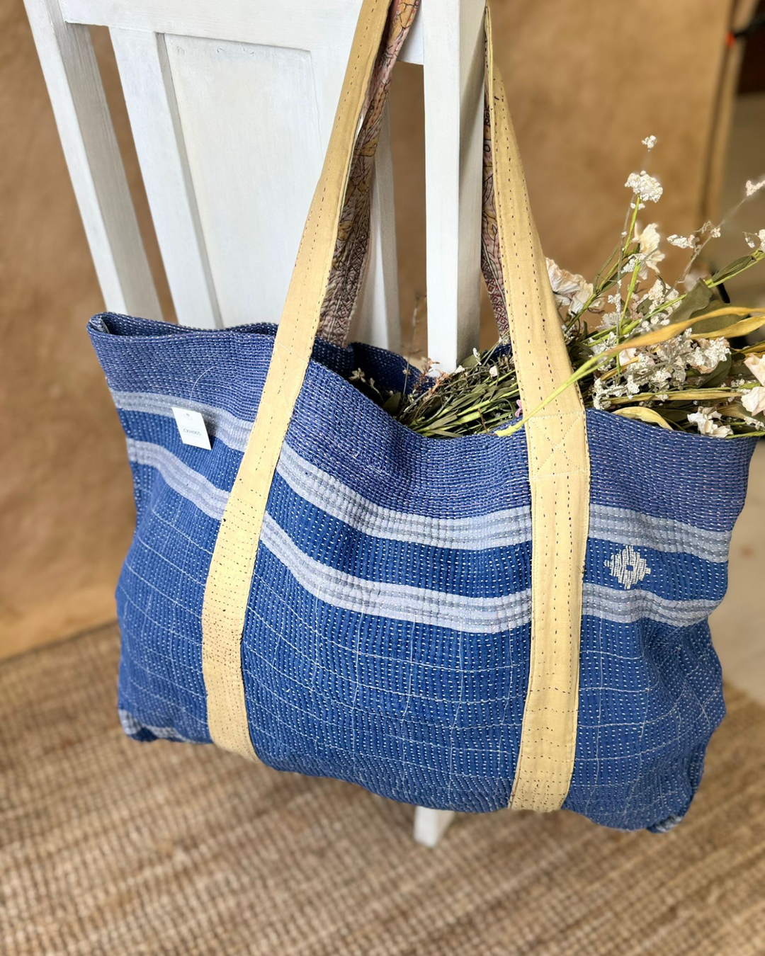 Handmade Upcycled Sari Tote Bag – Indigo Blue Stripe | Multi-Purpose Everyday & Beach Bag