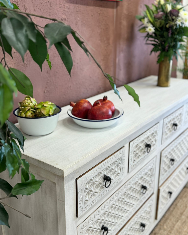 Whitewashed Mango Wood Chest of 8 Hand-Carved Drawers