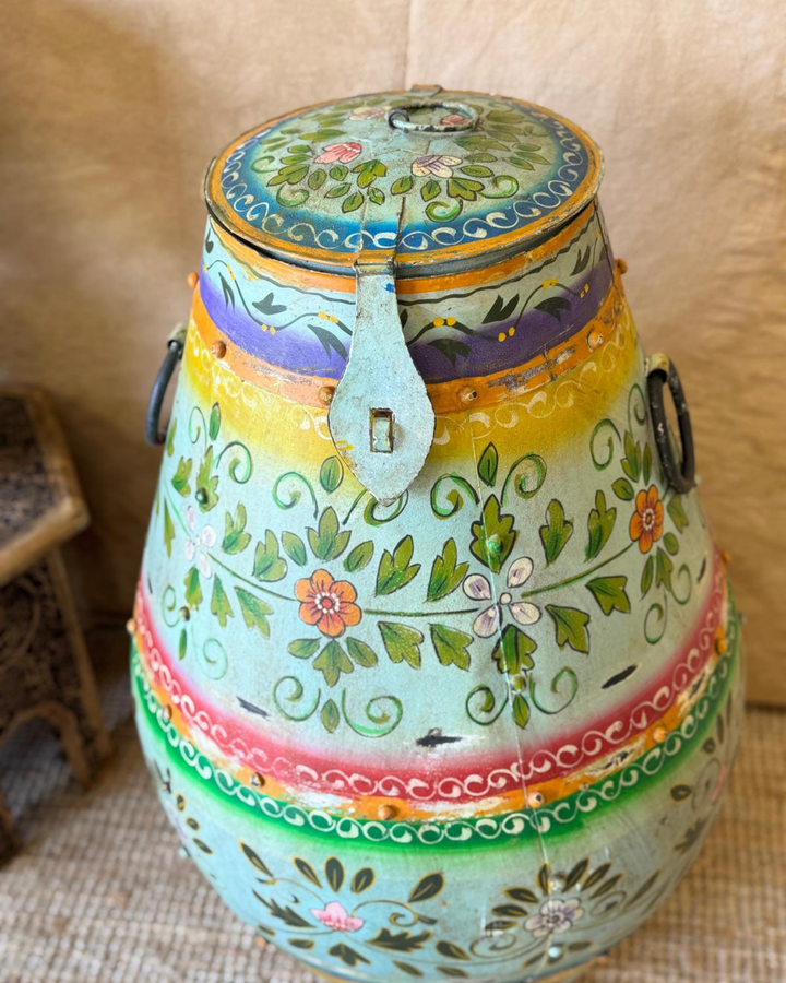 Hand-Painted Iron Pot with Lid – Turquoise Floral Design