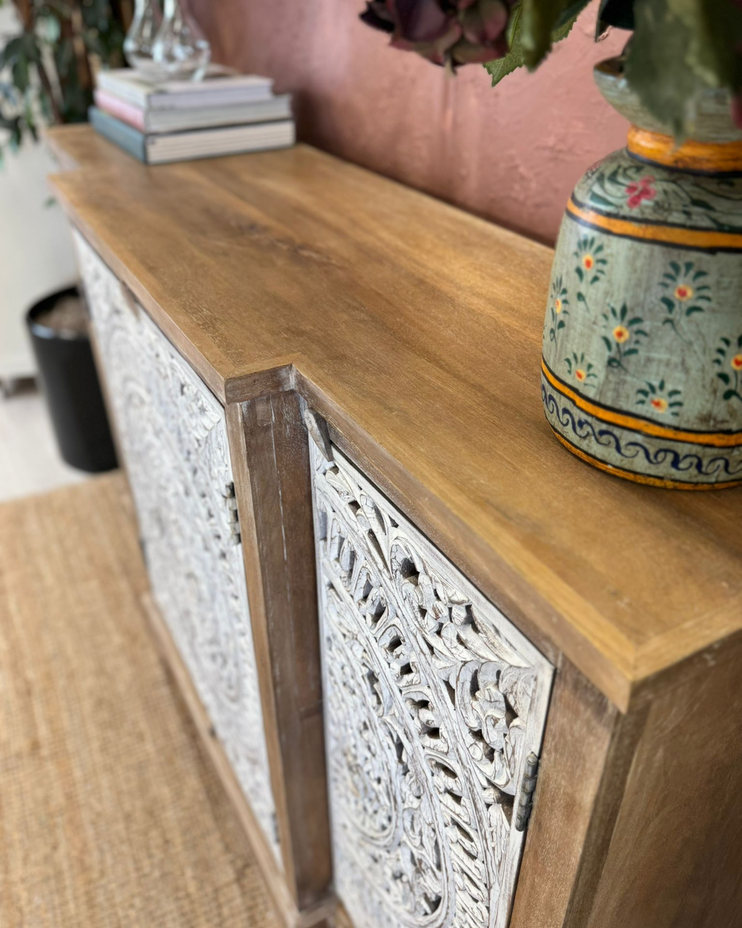 Hand-Carved Mango Wood 4-Door Sideboard with Whitewashed Floral Detailing