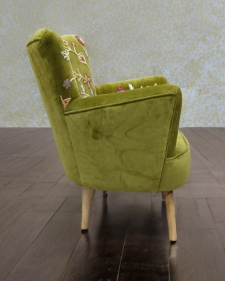 Green Velvet Hand-Embroidered Wingback Armchair & Footstool Set