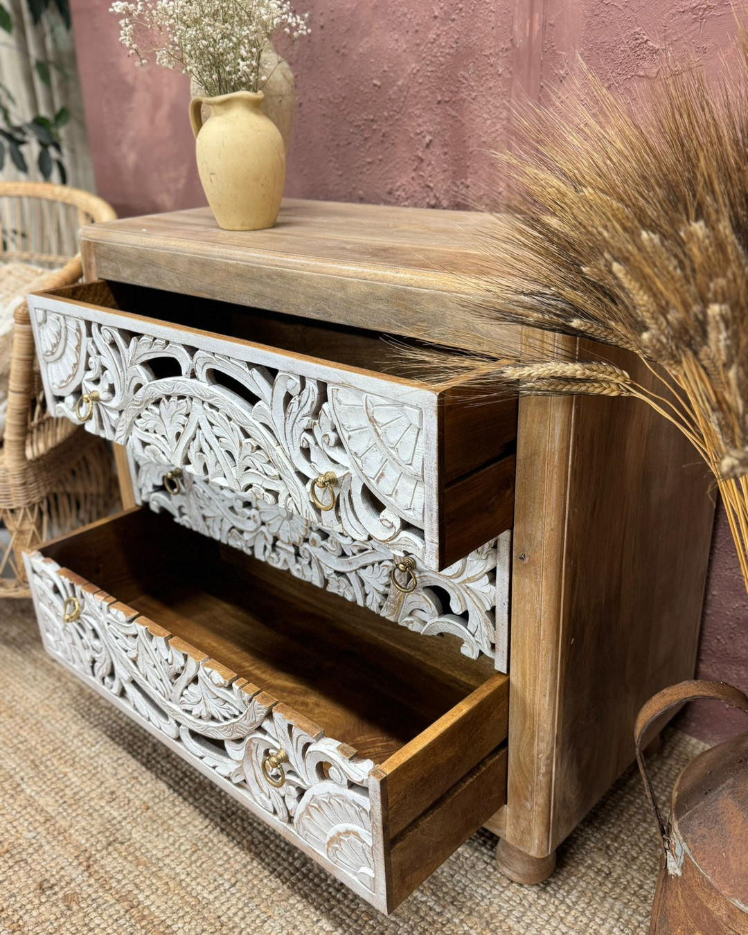 Hand-Carved Mango Wood Chest – 3 Drawers with Whitewashed Drawers