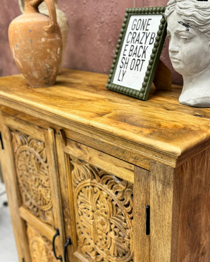 Natural Mango Wood Hand-Carved 2-Door Sideboard