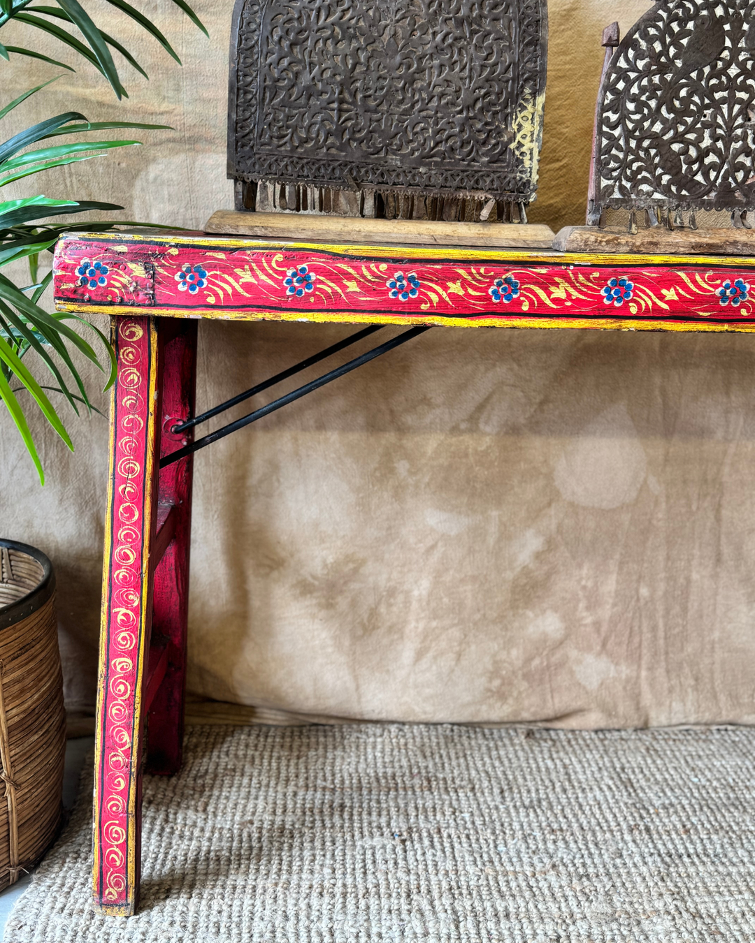 Vintage Hand-Painted Trestle Console Table – Red Floral Design