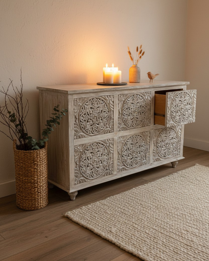 Six Drawer Mango Wood Chest of Drawers – Creamwashed Floral Carving