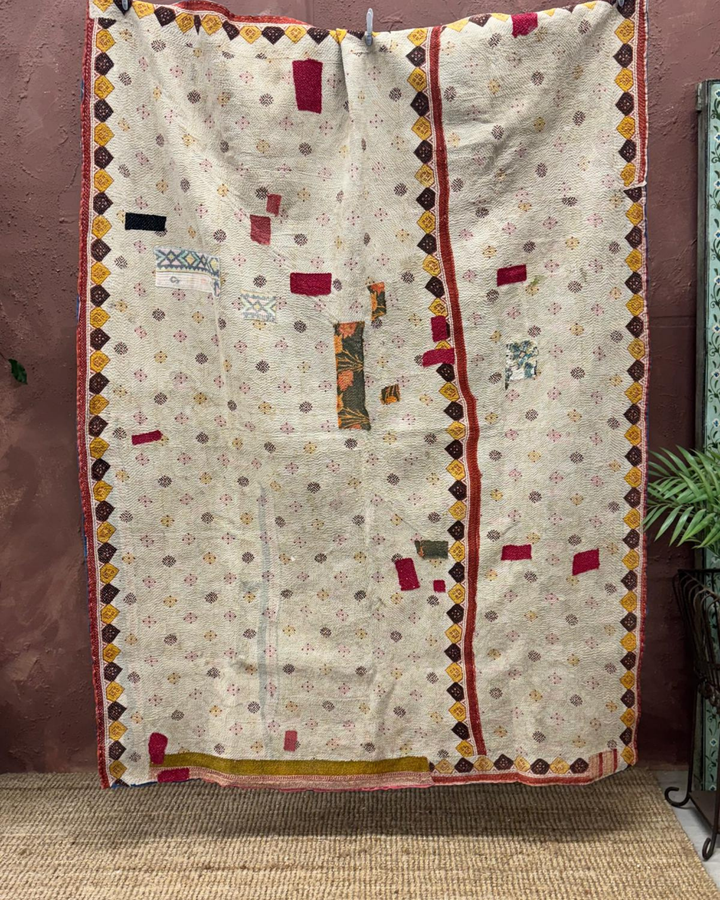 Vintage Hand-Embroidered Kantha Throw – Embroidered Sari in Cream with Indigo & Ochre Accents