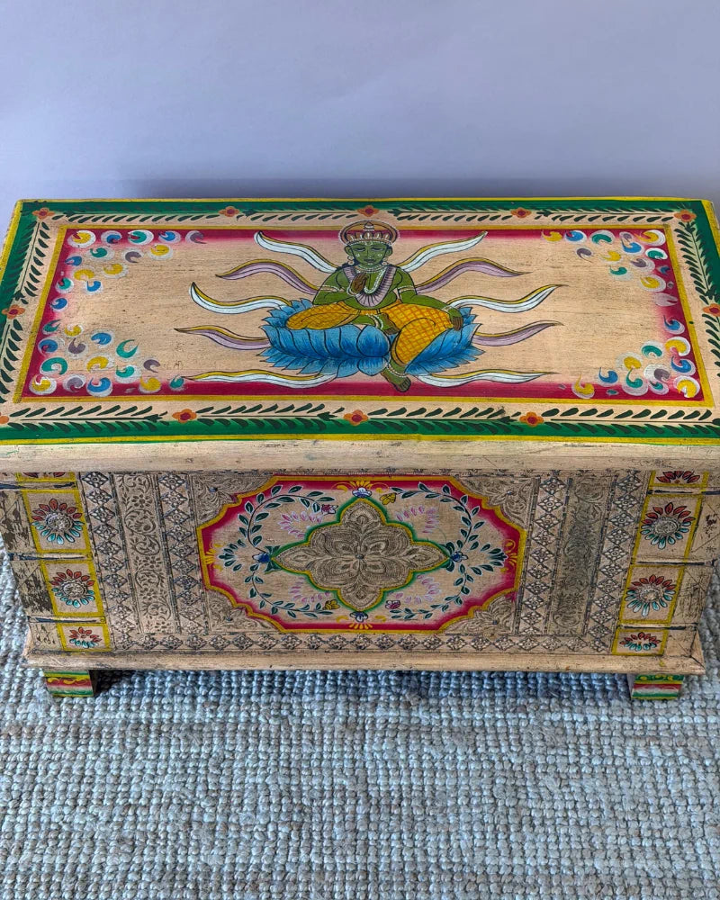 Hand-Painted Mango Wood Storage Chest – Natural Finish