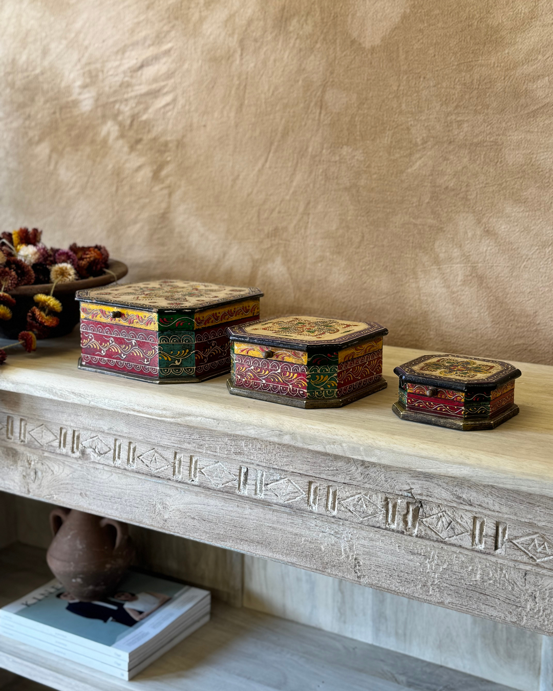 Hand-Painted Mango Wood Jewellery Box Set – Set of 3 with Floral Indian Design