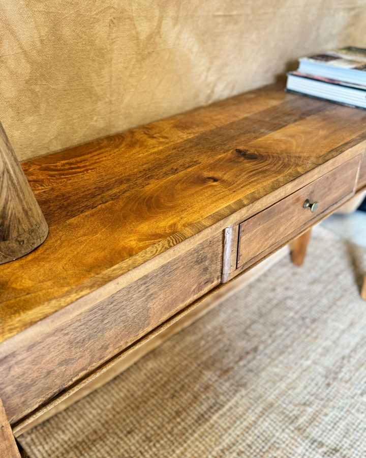 Mango Wood Console Table – Polished Natural Finish with Drawer