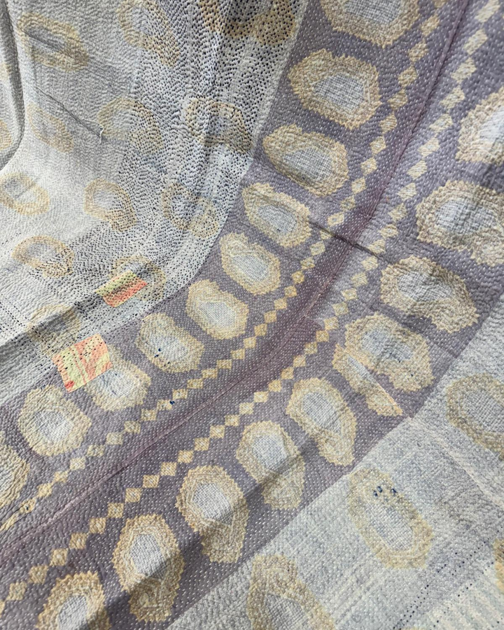 Vintage Hand-Embroidered Kantha Throw – Indigo & Ochre Motif Sari Quilt