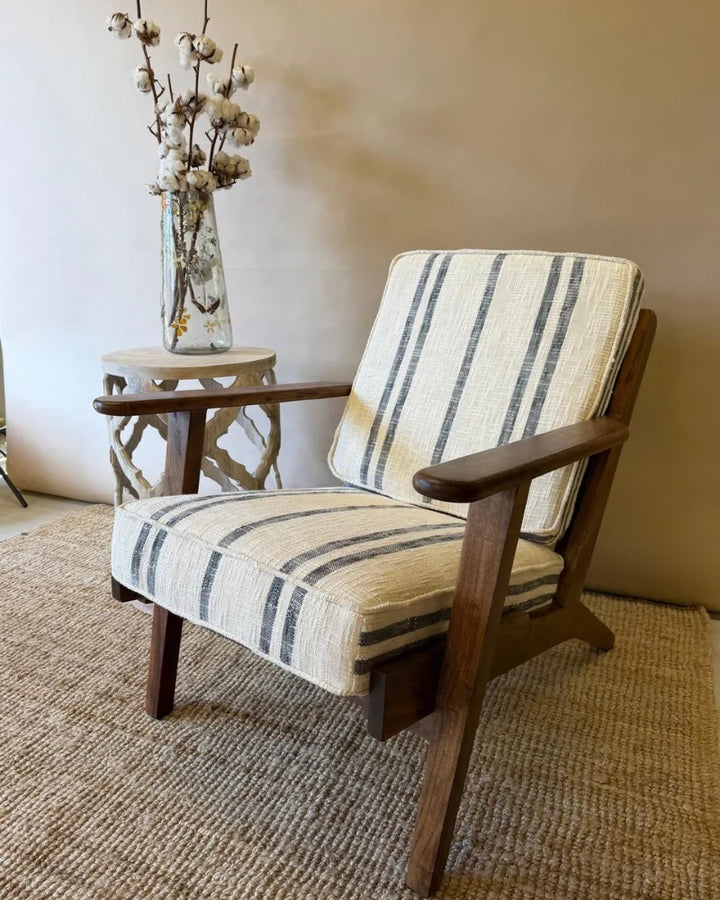 Farmhouse Acacia Wood Armchair with Striped Linen Upholstery