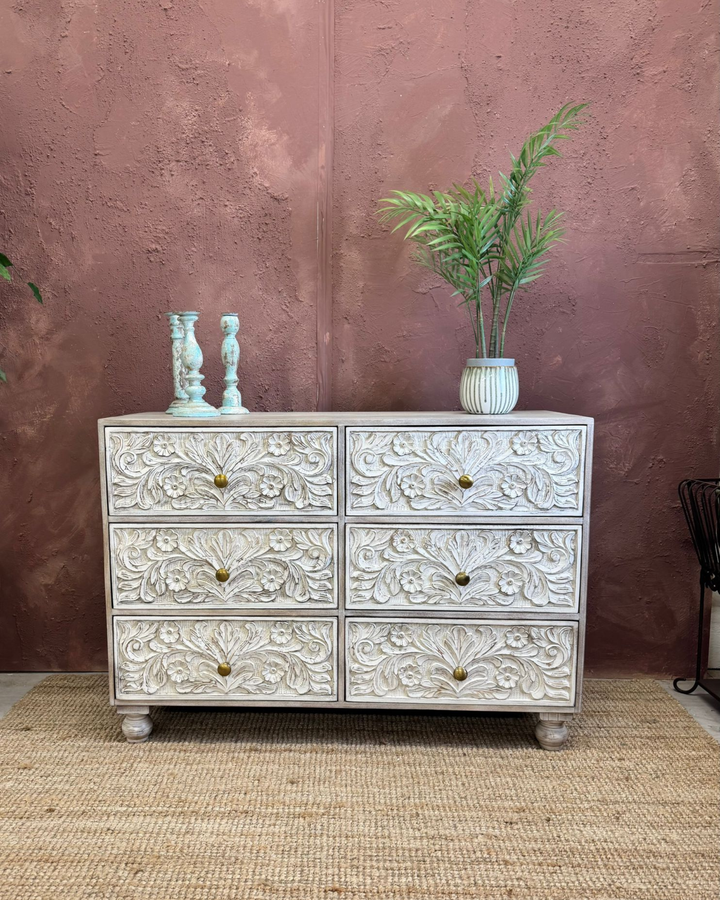 Hand-Carved Mango Wood 6-Drawer Chest of Drawers