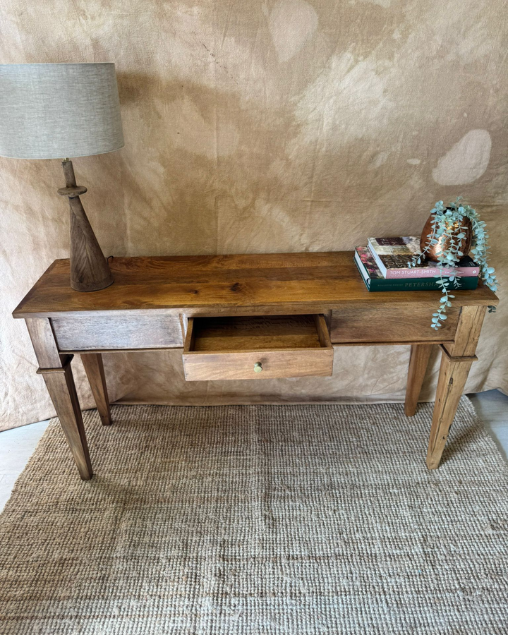 Mango Wood Console Table – Polished Natural Finish with Drawer