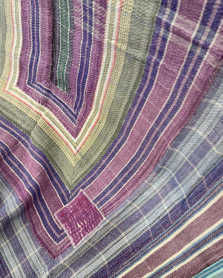 Vintage Hand-Embroidered Kantha Throw – Indigo & Ochre Motif Sari Quilt