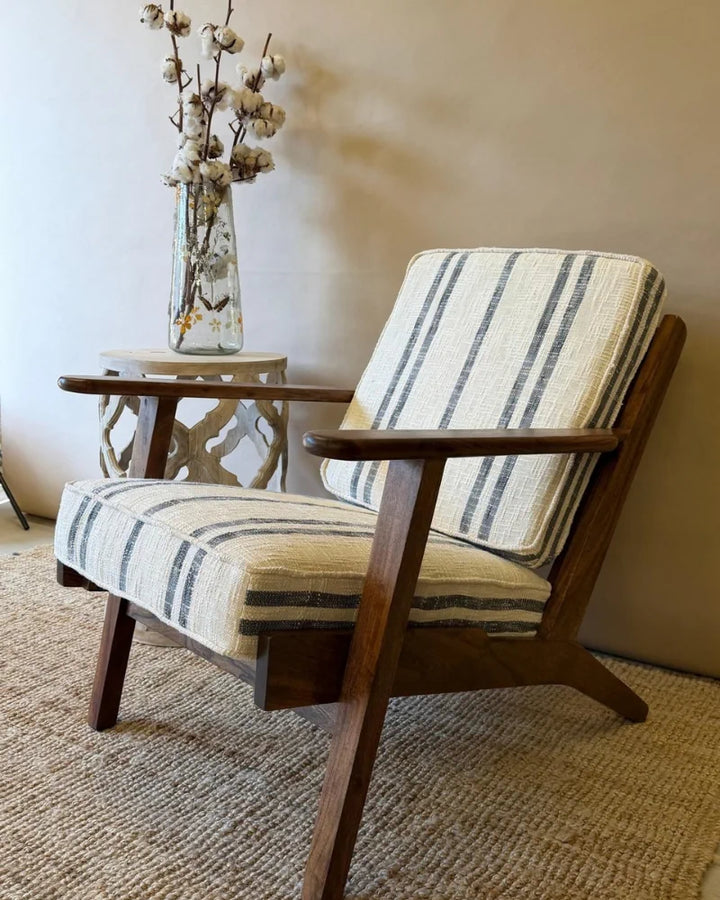 Farmhouse Acacia Wood Armchair with Striped Linen Upholstery