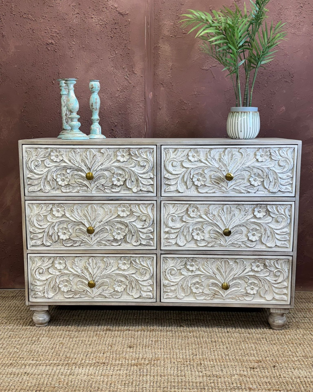 Hand-Carved Mango Wood 6-Drawer Chest of Drawers