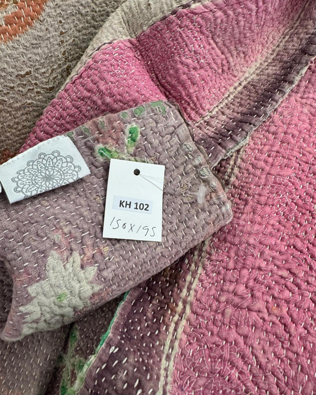 Vintage Hand-Embroidered Kantha Throw – Soft Pink & Sage Green Striped Sari