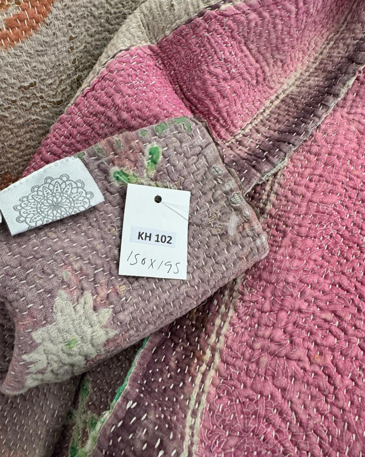 Vintage Hand-Embroidered Kantha Throw – Soft Pink & Sage Green Striped Sari