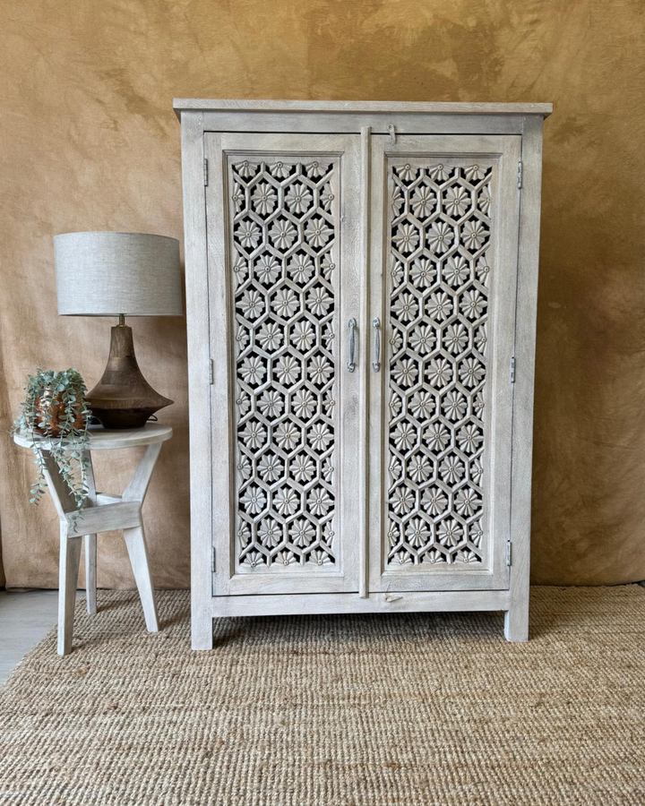 Hand-Carved Mango Wood Two Door Armoire – Creamwash Finish