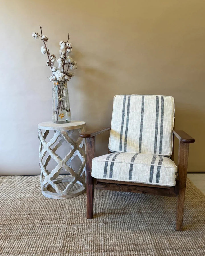 Farmhouse Acacia Wood Armchair with Striped Linen Upholstery
