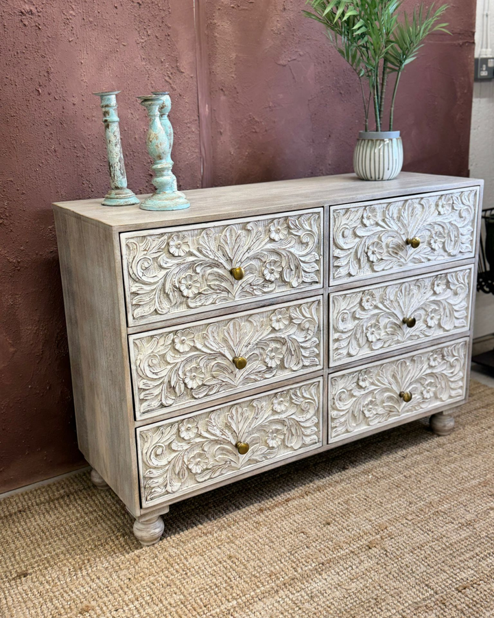 Hand-Carved Mango Wood 6-Drawer Chest of Drawers