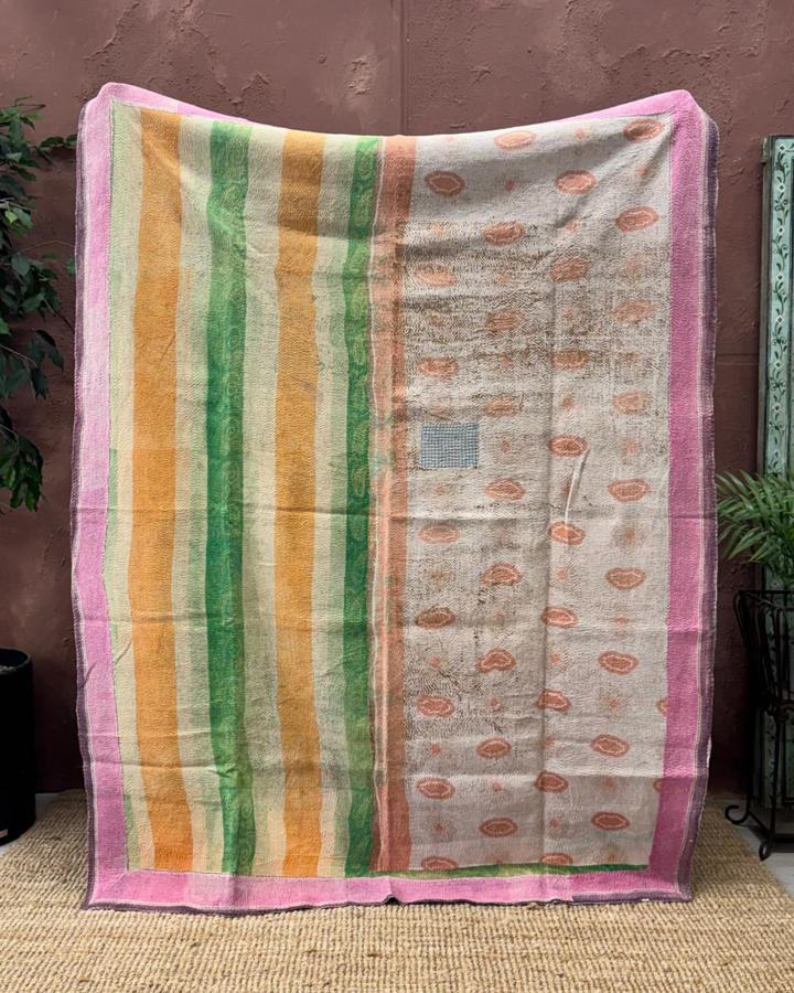 Vintage Hand-Embroidered Kantha Throw – Soft Pink & Sage Green Striped Sari