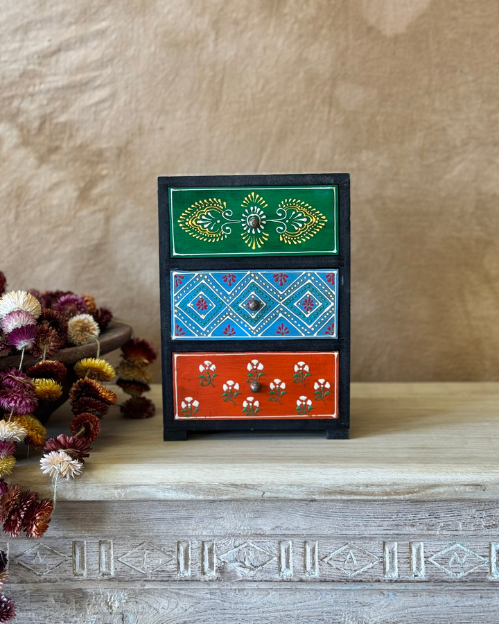 Hand-Painted Mango Wood Jewellery Chest – 3 Drawer Storage in Indian Floral Design