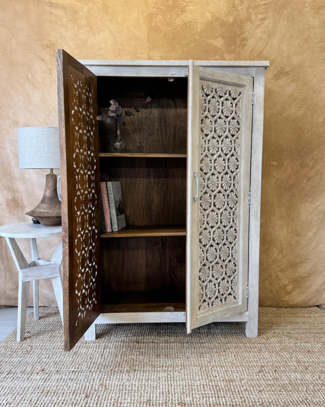 Hand-Carved Mango Wood Two Door Armoire – Creamwash Finish