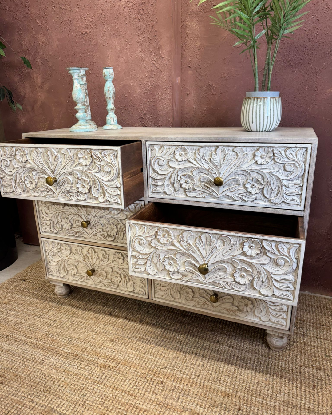 Hand-Carved Mango Wood 6-Drawer Chest of Drawers