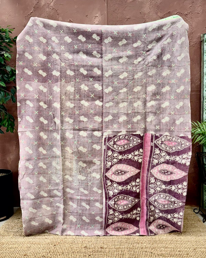 Vintage Hand-Embroidered Kantha Throw – Soft Pink & Sage Green Striped Sari