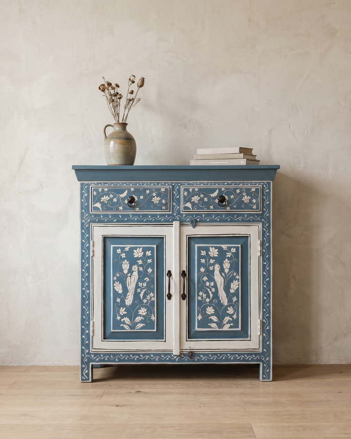 Hand-Painted Blue Mango Wood Sideboard – Two Door Two Drawer Cabinet