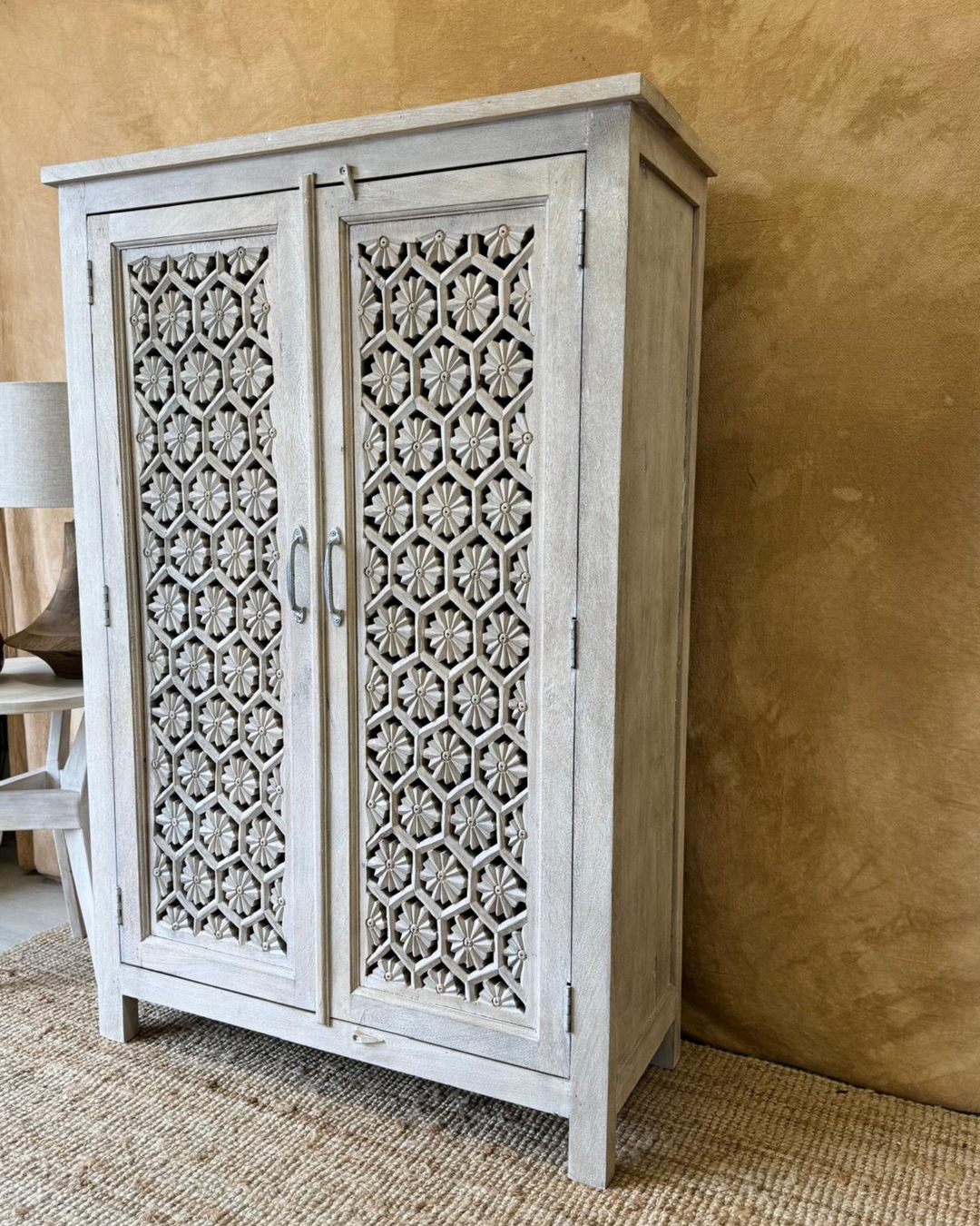 Hand-Carved Mango Wood Two Door Armoire – Creamwash Finish