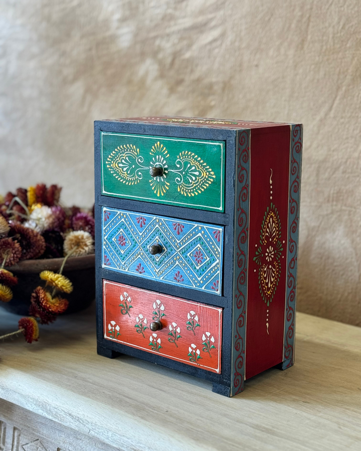 Hand-Painted Mango Wood Jewellery Chest – 3 Drawer Storage in Indian Floral Design