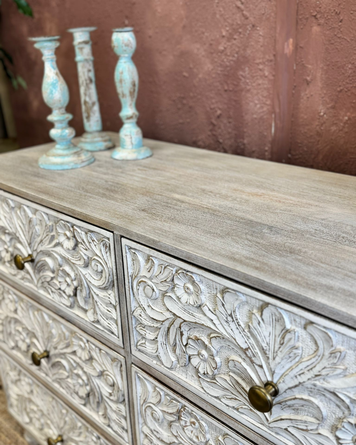 Hand-Carved Mango Wood 6-Drawer Chest of Drawers